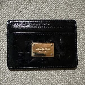 Michael Kors Black Embossed Leather Card Case with Gold Logo Plate